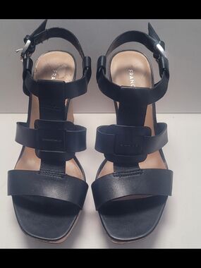 FRANCO SARTO Black Leather Strappy Block Heel Sandals